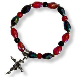 Arwen and Gwen Acrylic Beaded Stretch Bracelet with Silver Rose Charm